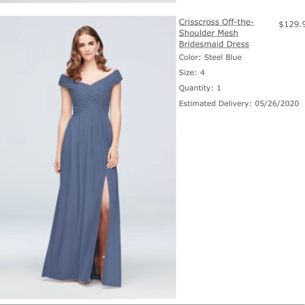 New David’s bridal bridesmaid dress steel blue criss cross off the shoulder
